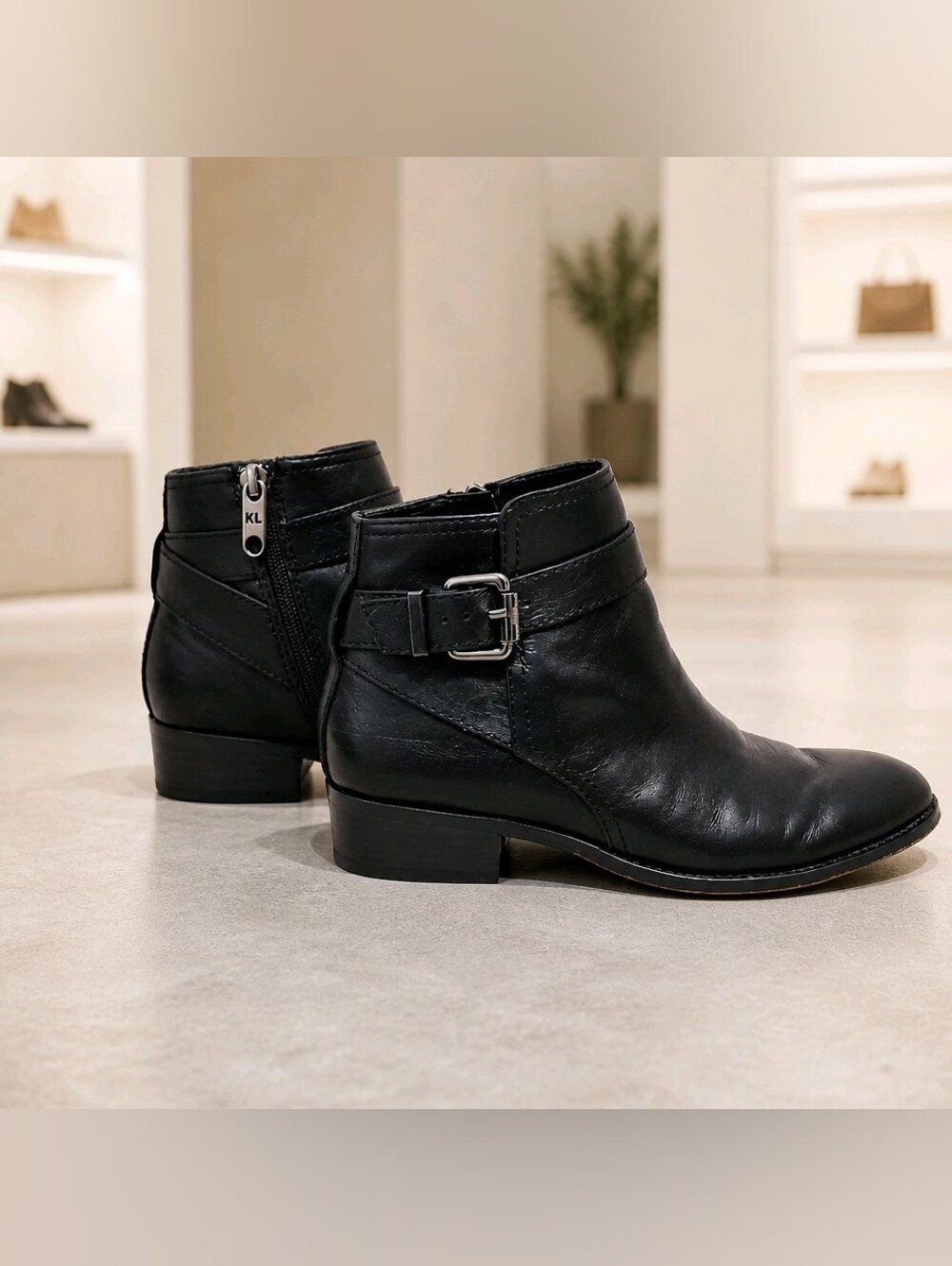 Karl Lagerfeld Paris Black Leather Buckle Accent Side-Zip Ankle Boots